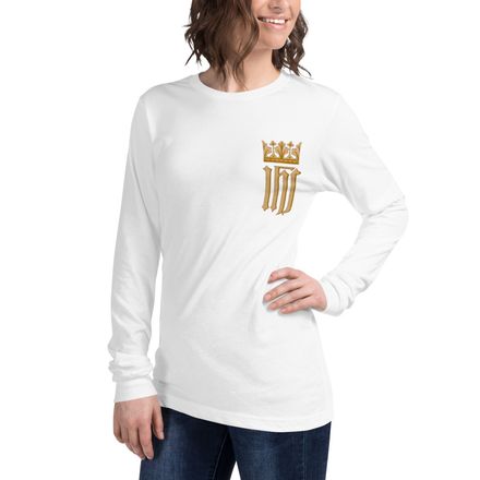 Unisex Long Sleeve Tee, IHS with Crown, Golden Pattern, nlxdo1, left chest