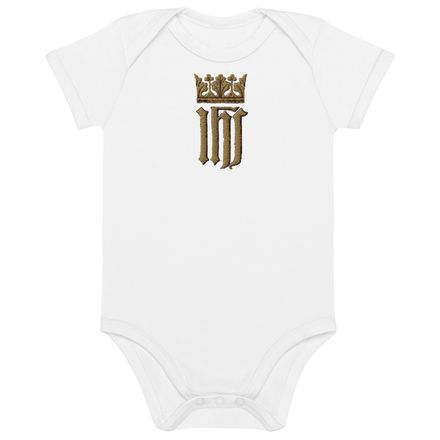 Embroidered Organic Cotton Baby Bodysuit, IHS with Crown, Golden Pattern, nlxdo1 