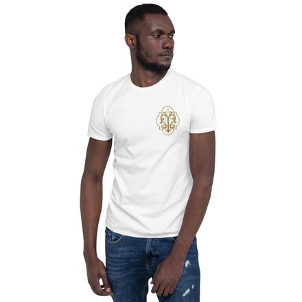 Embroidered Unisex Basic Softstyle T-Shirt, Auspice Maria, Crest with outer edge, kdegvj, left chest