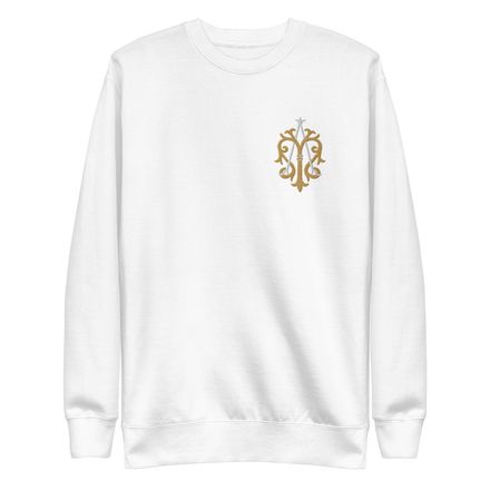Embroidered Unisex Premium Sweatshirt, Auspice Maria, Crest, kgvlsx, left chest