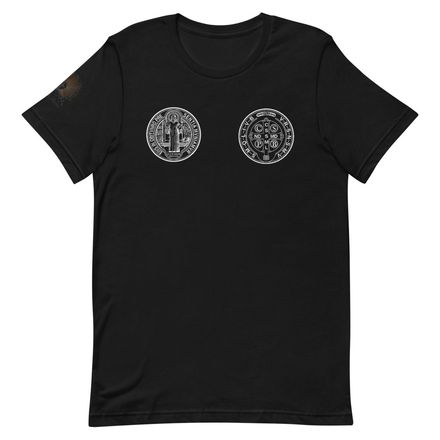 Unisex Staple T-Shirt, St. Benedict Medal, filt5a design, inverse