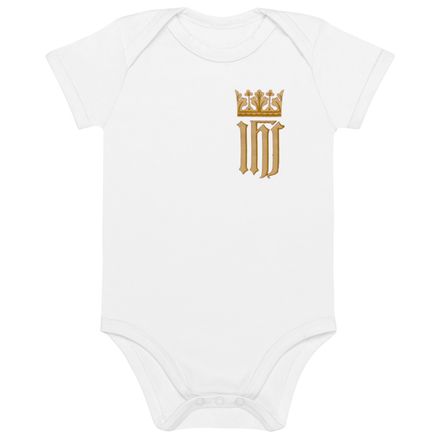 Organic Cotton Baby Bodysuit, IHS with Crown, Golden Pattern, nlxdo1, left chest