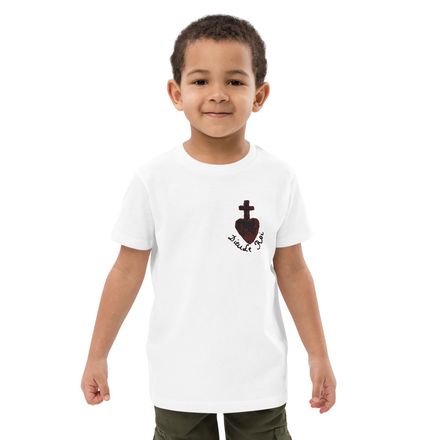 Embroidered Organic Cotton Kids T-Shirt, Sacré Coeur, Dieu de Roi, Vendée Chouan, obymh4, left chest