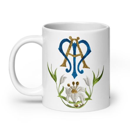   White Glossy Mug, 20oz, Auspice Maria, Crest with bottom flowers, ber1mq