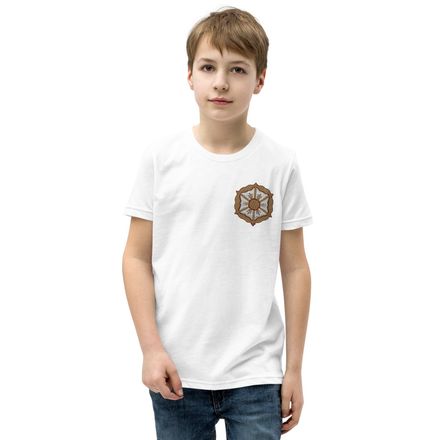 Embroidered Youth Staple Tee, Monstrance with Golden Pattern, eneyoj, left chest