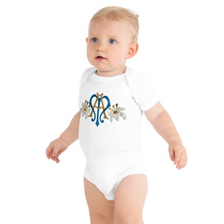 Baby Short Sleeve One Piece, Auspice Maria, Crest with side flowers, hlduri