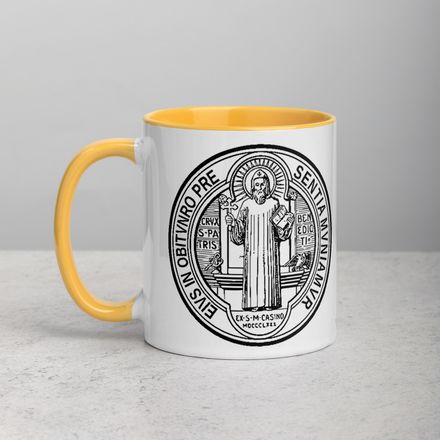 White Ceramic Mug with Color Inside, 11oz &amp; 15oz, St. Benedict Medal, filt5a design