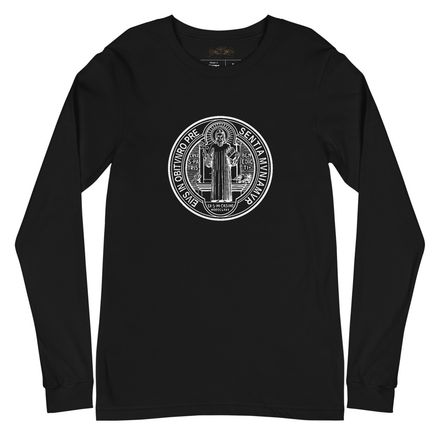 Unisex Long Sleeve Tee, St. Benedict Medal, filt5a design, inverse, large back