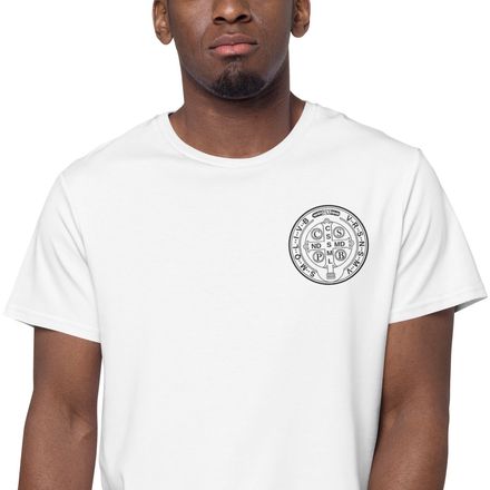 Embroidered Men&#x27;s Premium Cotton T-Shirt, St. Benedict Medal, 16k4ku design, left chest