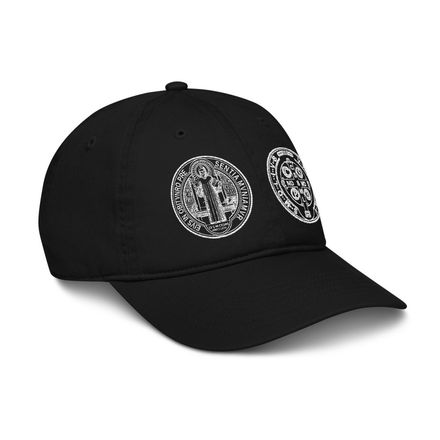 Organic Baseball Cap, St. Benedict Medal, filt5a design, white
