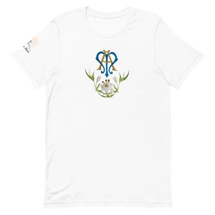 Unisex Staple T-Shirt, Auspice Maria, Crest with bottom flowers, ber1mq