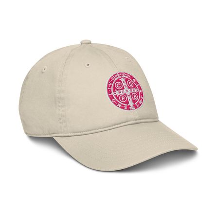 Organic Baseball Cap, St. Benedict Medal, qiretu design, pink