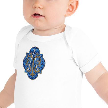 Embroidered Baby Short Sleeve One Piece, Auspice Maria, Crest with rounded Cross, u3bkt0