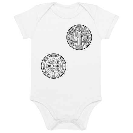 Organic Cotton Baby Bodysuit, St. Benedict Medal, filt5a design, alternate