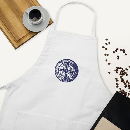 Embroidered Apron, St. Benedict Medal, oih8m5 design, blue