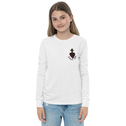 Embroidered Youth Long Sleeve Tee, Sacré Coeur, Dieu de Roi, Vendée Chouan,obymh4 design, left chest