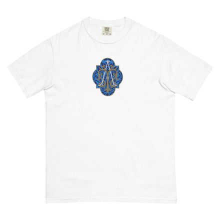 Embroidered Unisex Garment-Dyed Heavyweight T-Shirt, Auspice Maria, Crest with rounded Cross, u3bkt0