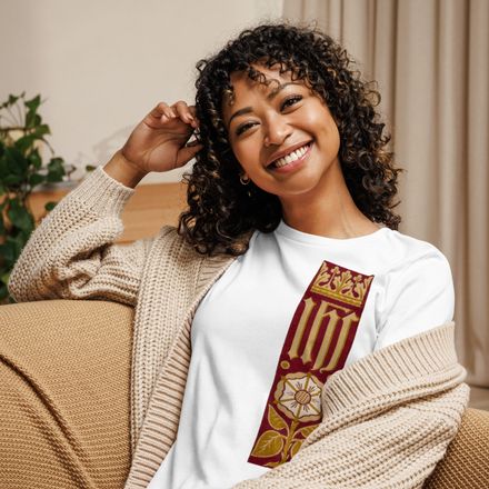 Women&#x27;s Relaxed T-Shirt, IHS Stripe With Crown and Monstrance, Red, yok2qk, left chest