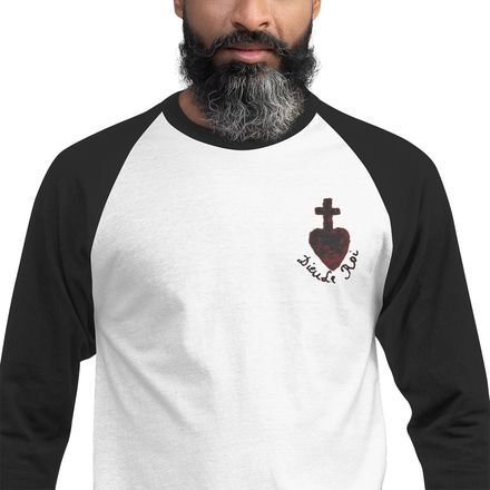 Embroidered Unisex 3/4 Sleeve Raglan Shirt, Sacré Coeur, Dieu de Roi, Vendée, obymh4, left chest