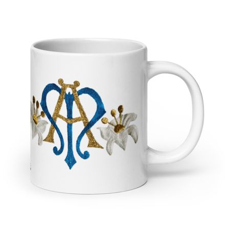   White Glossy Mug, 20oz, Auspice Maria, Crest with side flowers, hlduri