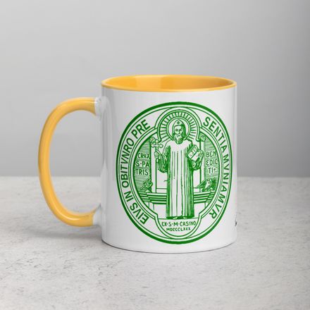 White Ceramic Mug with Color Inside, 11oz &amp; 15oz, St. Benedict Medal, filt5a design, green