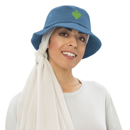 Denim Bucket Hat, Sacred Heart of Jesus, yjegla design, light green