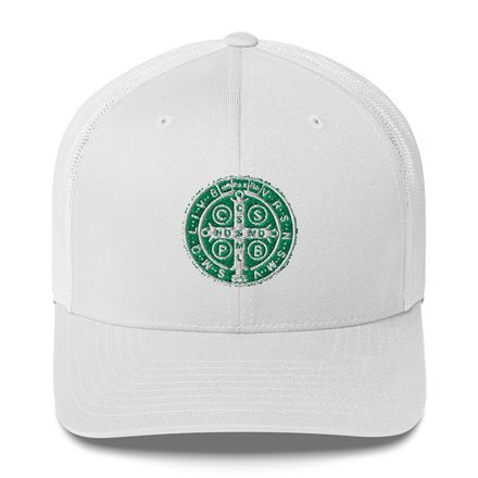 Retro Trucker Hat, St. Benedict Medal, qiretu design, green