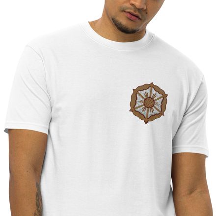 Embroidered Men&#x27;s Premium Heavyweight Tee, Monstrance with Golden Pattern, eneyoj, left chest