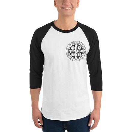 Unisex 3/4 Sleeve Raglan Shirt, St. Benedict Medal, jl2qob design, left chest