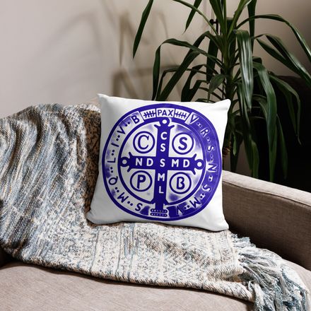 Pillow case 18x18, St. Benedict Medal, oih8m5 design, blue