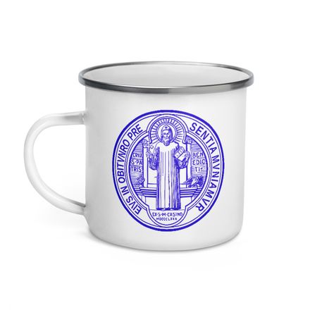 Enamel Mug, St. Benedict Medal, filt5a design, blue