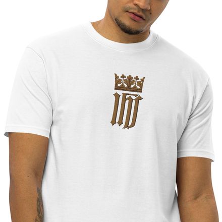 Embroidered Men&#x27;s Premium Heavyweight Tee, IHS with Crown, Golden Pattern, nlxdo1 