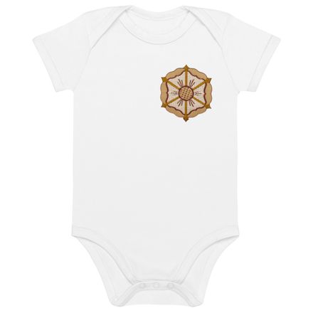 Organic Cotton Baby Bodysuit, Monstrance with Golden Pattern, eneyoj, left chest