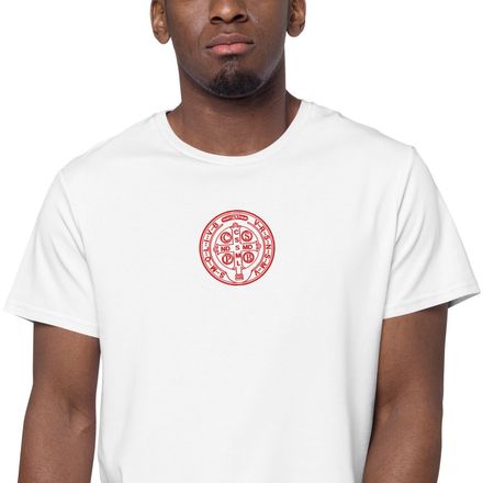 Embroidered Men&#x27;s Premium Cotton T-Shirt, St. Benedict Medal, 16k4ku design, red