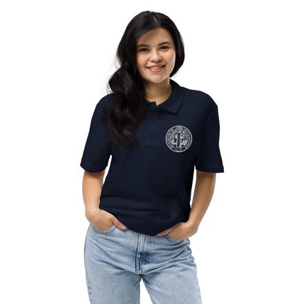 Unisex Pique Polo Shirt, St. Benedict Medal, debxwe design, white