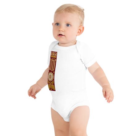 Baby Short Sleeve One Piece, IHS Stripe With Crown and Monstrance, Red, yok2qk, right chest