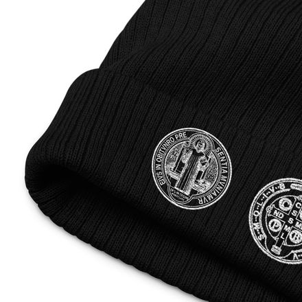 Ribbed Knit Beanie, St. Benedict Medal, filt5a design, white