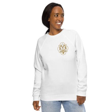 Embroidered Unisex Organic Raglan Sweatshirt, Auspice Maria, Crest with outer edge, kdegvj, left