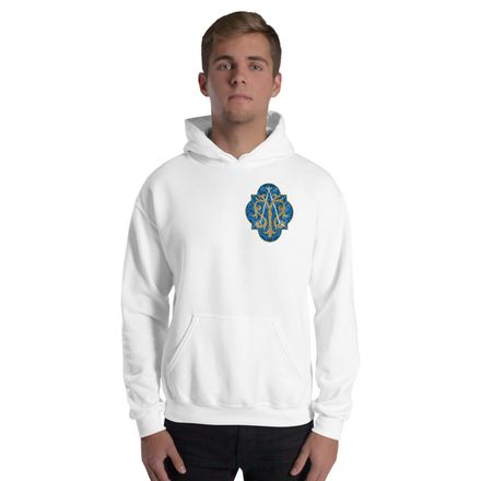 Unisex Heavy Blend Hoodie, Auspice Maria, Crest with rounded Cross, u3bkt0, left chest