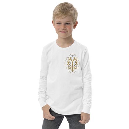 Youth Long Sleeve Tee, Auspice Maria, Crest with outer edge, kdegvj, left chest