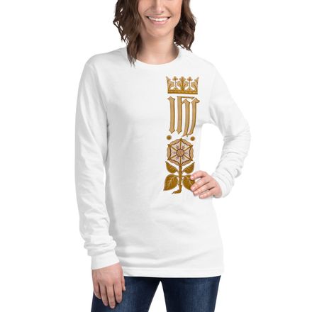 Unisex Long Sleeve Tee, IHS Stripe With Crown and Monstrance, vw6yal, left chest