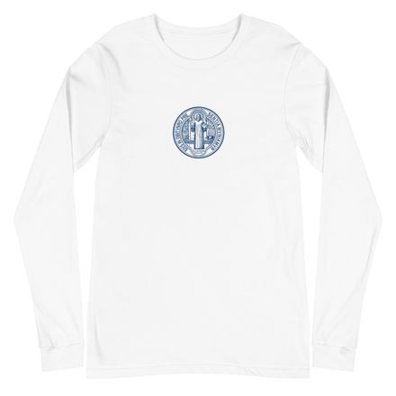 Embroidered Unisex Long Sleeve Tee, St. Benedict Medal, debxwe design, blue