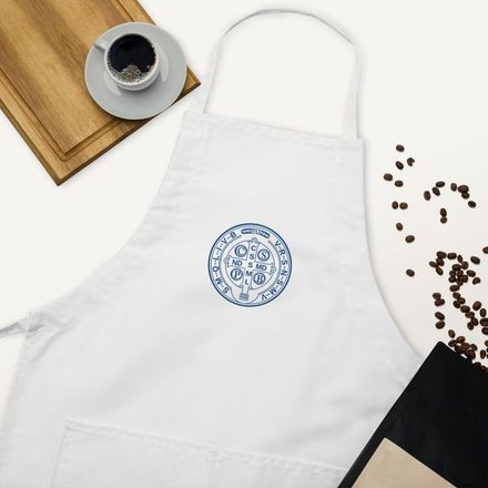 Embroidered Apron, St. Benedict Medal, 16k4ku design, blue