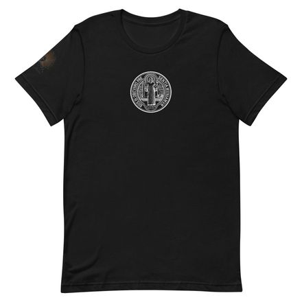Unisex Staple T-Shirt, St. Benedict Medal, filt5a design, centre chest, large back, inverse