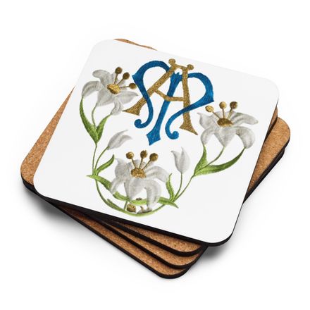 Cork-Back Coaster, Auspice Maria, Crest with flowers, qfko6t