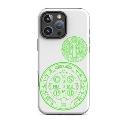 Tough Case for iPhone, St. Benedict Medal, filt5a design, bright green