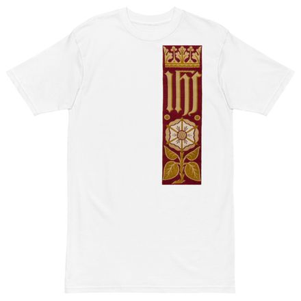 Men&#x27;s Premium Heavyweight Tee, IHS Stripe With Crown and Monstrance, Red, yok2qk, left chest