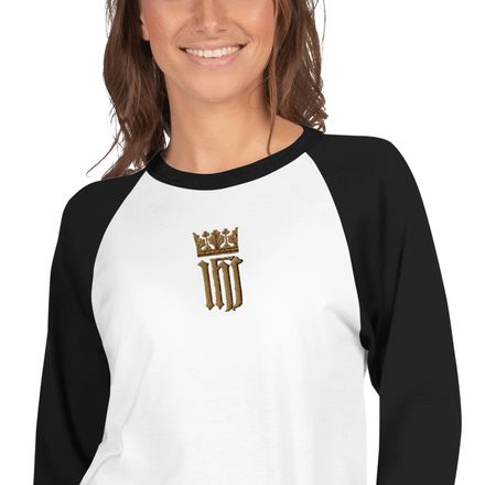 Embroidered Unisex 3/4 Sleeve Raglan Shirt, IHS with Crown, Golden Pattern, nlxdo1 