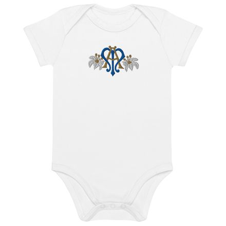 Embroidered Organic Cotton Baby Bodysuit, Auspice Maria, Crest with side flowers, hlduri