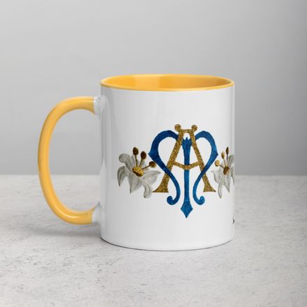 White Ceramic Mug with Color Inside, 11oz &amp; 15oz, Auspice Maria, Crest with side flowers, hlduri